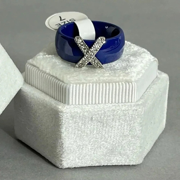 Blue Ceramic Cubic Zirconia Stainless Steel Ring Size 7 - Picture 8 of 10